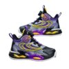 ATM Kids' Shock-Absorbing Mesh Basketball Shoes in black, purple, and yellow, featuring a turn buckle closure and breathable design, displayed on a table."