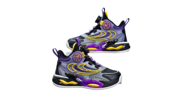 ATM Kids' Shock-Absorbing Mesh Basketball Shoes in black, purple, and yellow, featuring a turn buckle closure and breathable design, displayed on a table."