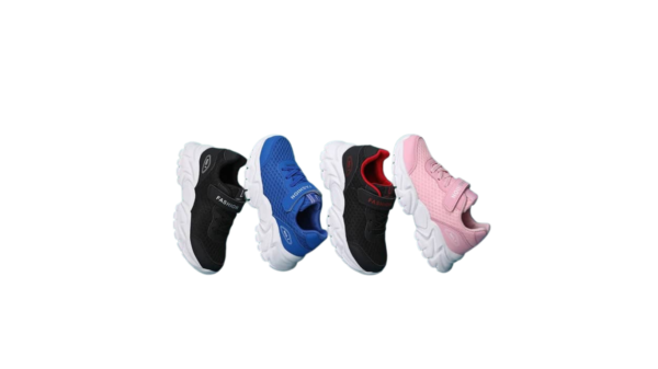 Fashion Trendy Kids Sneakers in vibrant black, blue, and pink colors, designed for both boys and girls. Features a lightweight, breathable design with cushioned insoles and sturdy soles for active play and casual wear."