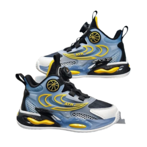 ATM Kidss' Shock-Absorbing Mesh Basketball Shoes in black, purple, and yellow, featuring a turn buckle closure and breathable design, displayed on a table."