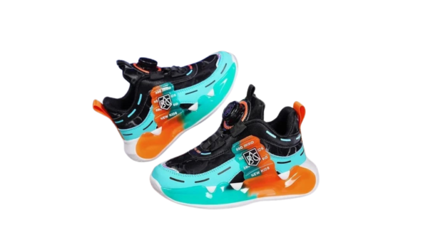 ABC Shield Kids Fashion Sneakers in bold green, orange, and black color combination, designed for boys and girls. Ideal for running and casual wear, featuring a lightweight, durable design with cushioned insoles and breathable fabric for comfort and support during active play.