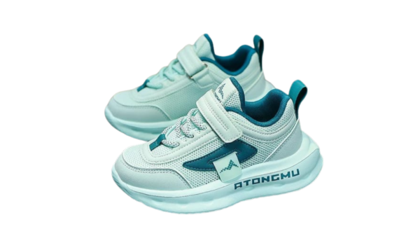 Atongmu Kids' Outdoor Sneakers in various colors displayed on a table, featuring anti-slip soles, breathable mesh design, and easy Velcro straps for boys and girls.