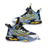 ATM Kids' Shock-Absorbing Mesh Basketball Shoes in black, purple, and yellow, featuring a turn buckle closure and breathable design, displayed on a table."