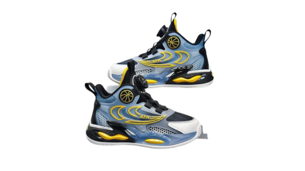 ATM Kids' Shock-Absorbing Mesh Basketball Shoes in black, purple, and yellow, featuring a turn buckle closure and breathable design, displayed on a table."