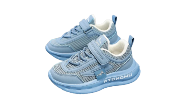 Atongmu Kids' Outdoor Sneakers in various colors displayed on a table, featuring anti-slip soles, breathable mesh design, and easy Velcro straps for boys and girls.