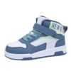 Kids' high-top athletic sneakers in navy blue, red, and white with velcro strap and lace-up closure, worn by a child. The sneakers have a stylish design with color-blocking details, providing both ankle support and a trendy look.