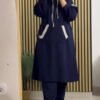 A modest long hoodie outfit featuring a relaxed silhouette with a drawstring hood and a large kangaroo pocket. Designed for comfort, full coverage, and effortless everyday modestwear.