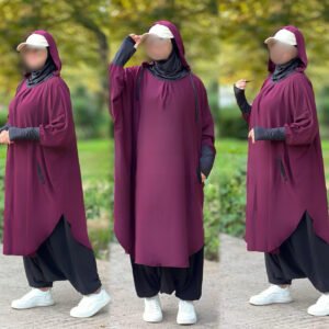A modest sporty jilbab featuring a relaxed, flowy silhouette with a hood, thumbhole cuffs, and side pockets. Styled for comfort, flexibility, and full coverage in active or casual settings.