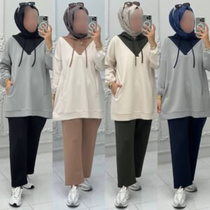 A modest two-piece outfit featuring a relaxed long-sleeve hoodie-style top with a V-neck panel and adjustable drawstrings, paired with wide-leg trousers. Designed for effortless comfort, full coverage, and a contemporary modest look suitable for casual or active wear.