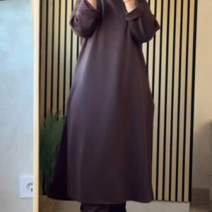 A modest long hoodie dress featuring a relaxed fit, drawstring hood .Designed for full coverage, comfort, and modern everyday modest style.