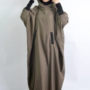 A modest sporty outfit featuring a relaxed hooded top with adjustable drawstrings, front kangaroo pocket, and loose trousers. Designed for full coverage, easy movement, and everyday comfort.