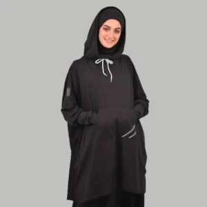 A modest sporty outfit featuring a relaxed hooded top with adjustable drawstrings, front kangaroo pocket, and loose trousers. Designed for full coverage, easy movement, and everyday comfort.