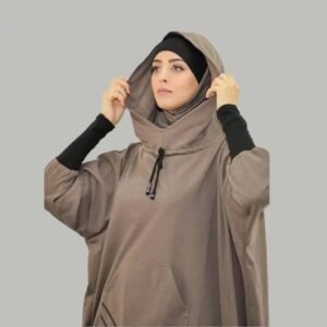 A modest sporty outfit featuring a relaxed hooded top with adjustable drawstrings, front kangaroo pocket, and loose trousers. Designed for full coverage, easy movement, and everyday comfort.