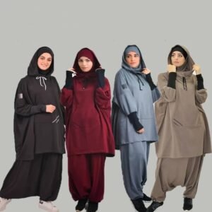 A modest sporty outfit featuring a relaxed hooded top with adjustable drawstrings, front kangaroo pocket, and loose trousers. Designed for full coverage, easy movement, and everyday comfort.