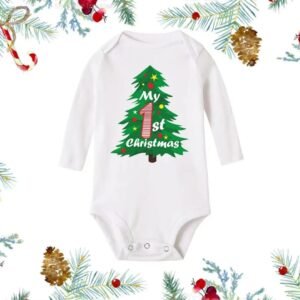 White baby romper with Santa Claus print and “Baby’s 1st Christmas” text — First Christmas Magic edition.