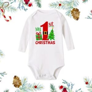 White baby romper with Santa Claus print and “Baby’s 1st Christmas” text — First Christmas Magic edition.
