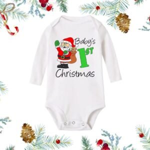White baby romper with Santa Claus print and “Baby’s 1st Christmas” text — First Christmas Magic edition.