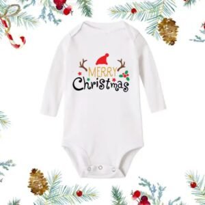White baby romper with Santa Claus print and “Baby’s 1st Christmas” text — First Christmas Magic edition.