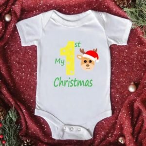 White baby romper with Santa Claus print and “Baby’s 1st Christmas” text — First Christmas Magic edition.