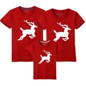 Red matching family Christmas T-shirt set with yellow “Merry Christmas!