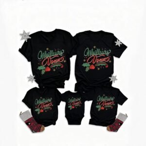 Red matching family Christmas T-shirt set with yellow “Merry Christmas!