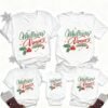 Red matching family Christmas T-shirt set with yellow “Merry Christmas!