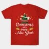 Christmas T-shirt with colorful “Merry Christmas & Happy New Year” print featuring Santa, reindeer, and Christmas tree — Festive Cheers edition.