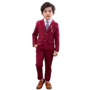 Young boy wearing a formal boys’ suit set with blazer, trousers, white shirt, and tie — Little Gentleman Set.