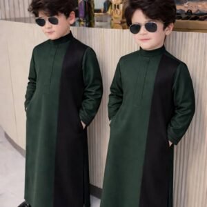 Boy wearing Monarch Signature traditional outfit with modern panel design and detailed sleeves.