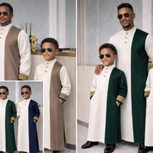 Luxury father and son coordinated traditional set with detailed sleeve accents.