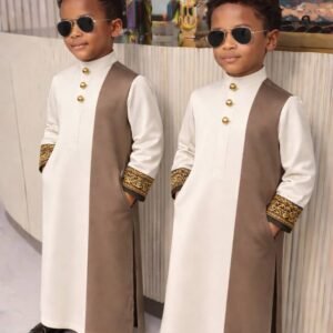 Luxury father and son coordinated traditional set with detailed sleeve accents.