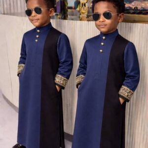 Luxury father and son coordinated traditional set with detailed sleeve accents.