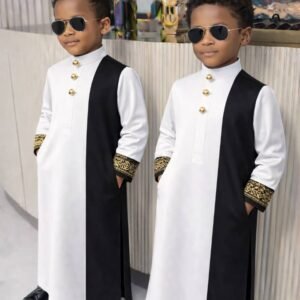 Luxury father and son coordinated traditional set with detailed sleeve accents.