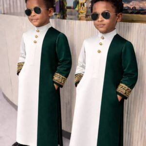 Luxury father and son coordinated traditional set with detailed sleeve accents.
