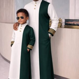 Luxury father and son coordinated traditional set with detailed sleeve accents.