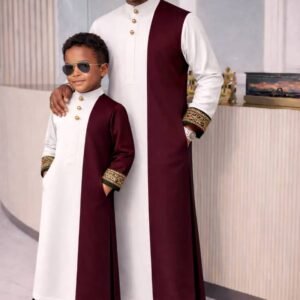 Luxury father and son coordinated traditional set with detailed sleeve accents.