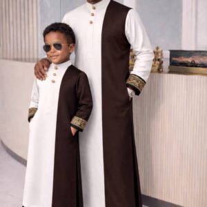 Luxury father and son coordinated traditional set with detailed sleeve accents.