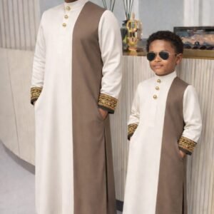 Luxury father and son coordinated traditional set with detailed sleeve accents.