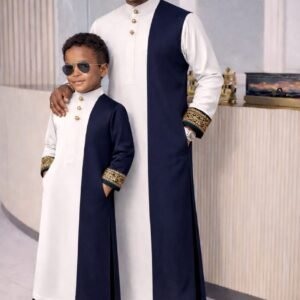 Luxury father and son coordinated traditional set with detailed sleeve accents.