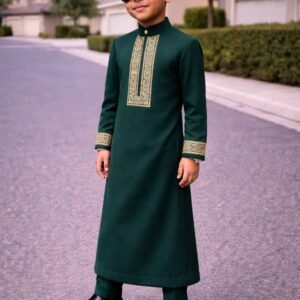 Luxury boys kaftan set with detailed embroidery and structured neckline.