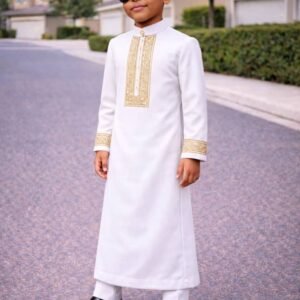 Luxury boys kaftan set with detailed embroidery and structured neckline.