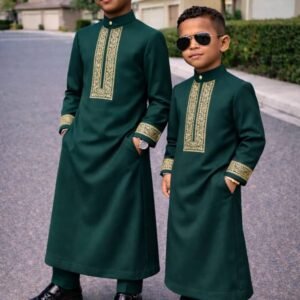 Luxury boys kaftan set with detailed embroidery and structured neckline.