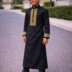 Luxury boys kaftan set with detailed embroidery and structured neckline.
