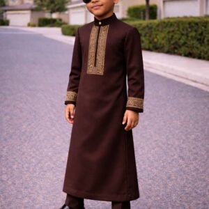 Luxury boys kaftan set with detailed embroidery and structured neckline.
