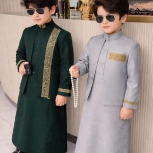 Luxury boys kaftan set with detailed embroidery and structured collar.