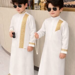 Luxury boys kaftan set with detailed embroidery and structured collar.