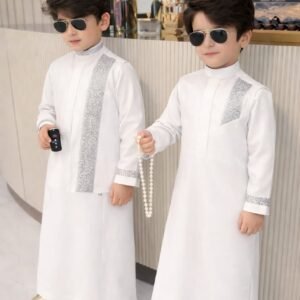 Luxury boys kaftan set with detailed embroidery and structured collar.