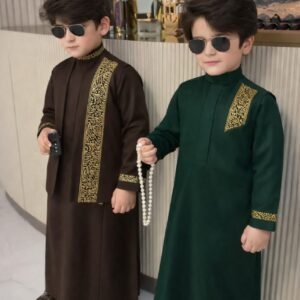Luxury boys kaftan set with detailed embroidery and structured collar.