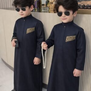 Luxury boys kaftan set with detailed embroidery and structured collar.