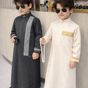 Luxury boys kaftan set with detailed embroidery and structured collar.